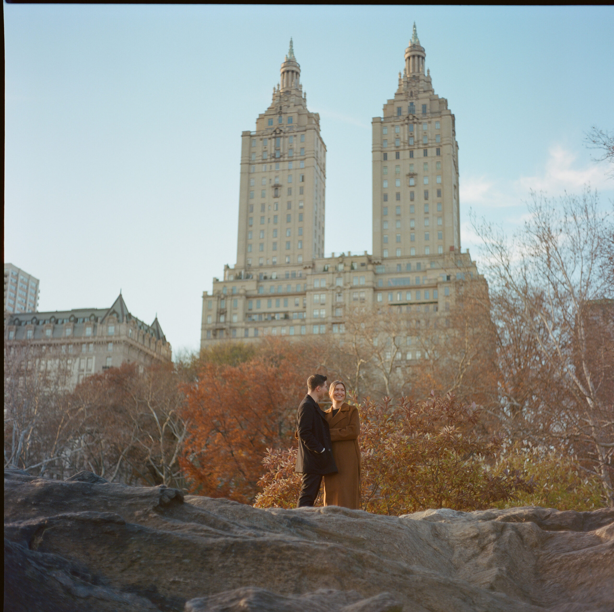 autumn engagement shoot in central park nyc shot on medium format film by parkers pictures