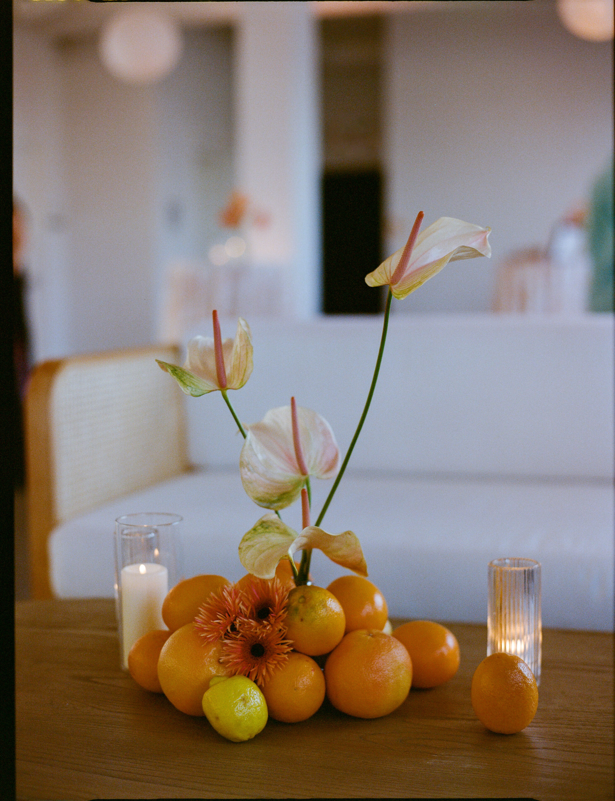 floral arrangement with oranges and lemons shot on medium format film by parkers pictures